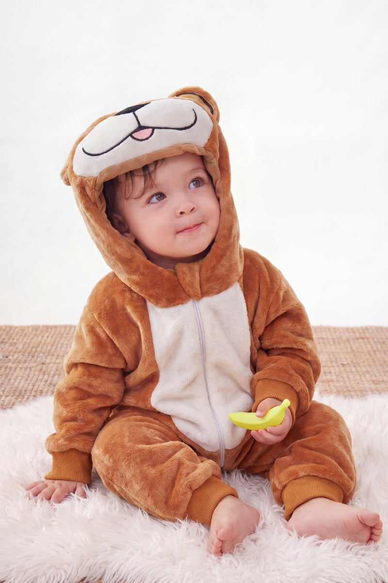 Einteiler Schlafanzug Baby Kuschel Khaki, Kapuze und weiches Material, einteiliger Schlafanzug für Kinder, Vorderansicht