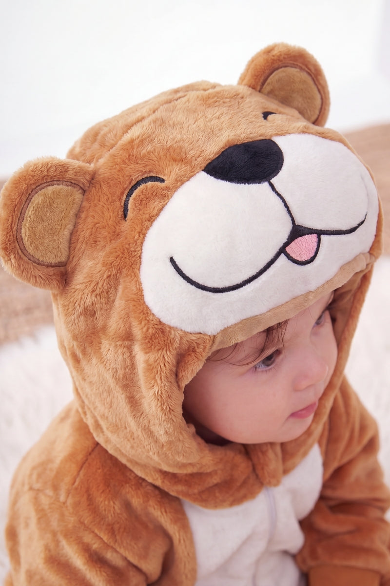Einteiler Schlafanzug Baby Kuschel Khaki, Kapuze und weiches Material, einteiliger Schlafanzug für Kinder, Rückansicht