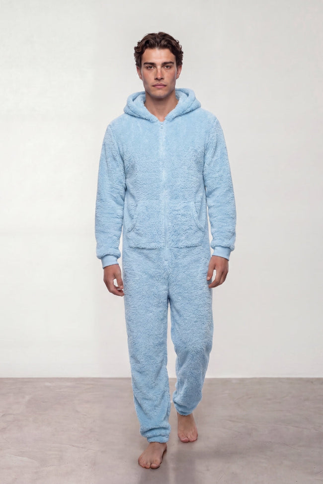 Einteiler Schlafanzug Fleece Herren Hellblau, Kapuze und durchgehender Reißverschluss, einteiliger Schlafanzug für Damen und Herren, Vorderansicht