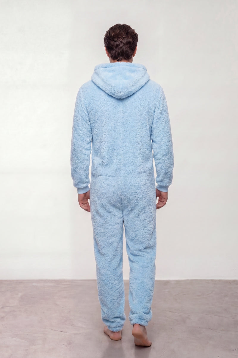 Einteiler Schlafanzug Fleece Herren Hellblau, Kapuze und durchgehender Reißverschluss, einteiliger Schlafanzug für Damen und Herren, Rückansicht