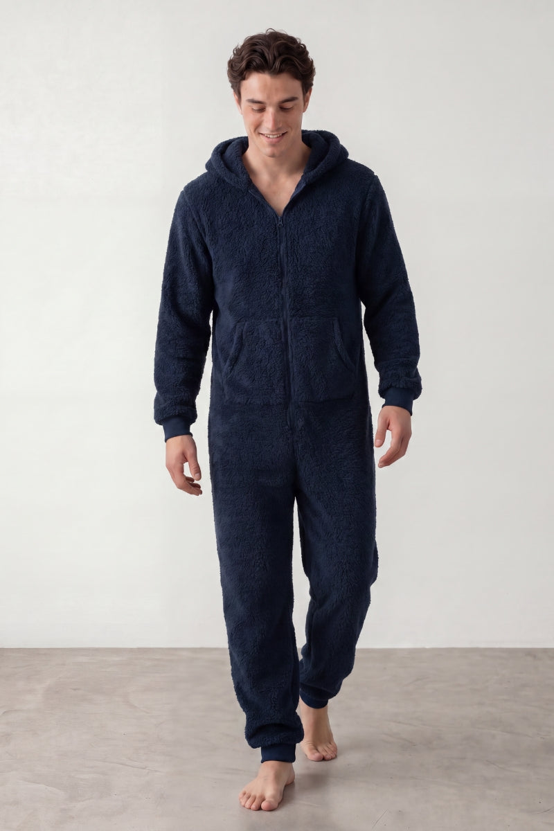 Einteiler Schlafanzug Herren Marineblau, Kapuze und durchgehender Reißverschluss, einteiliger Schlafanzug für Damen und Herren, Vorderansicht