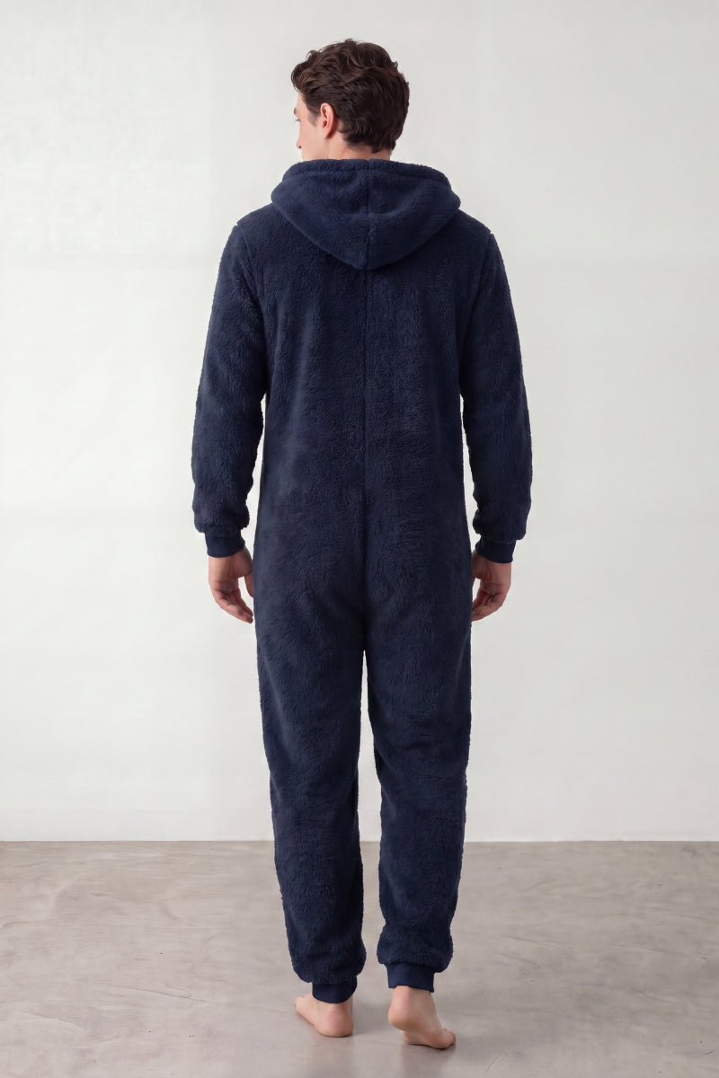 Einteiler Schlafanzug Herren Marineblau, Kapuze und durchgehender Reißverschluss, einteiliger Schlafanzug für Damen und Herren, Rückansicht