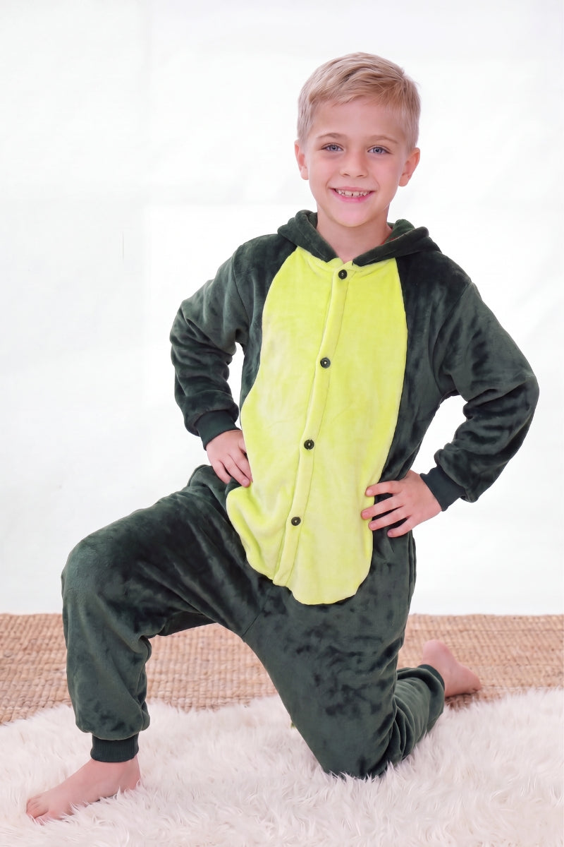 Einteiler Schlafanzug Kinder Dinosaurier, Kapuze und weiches Material, einteiliger Schlafanzug für Kinder, Vorderansicht