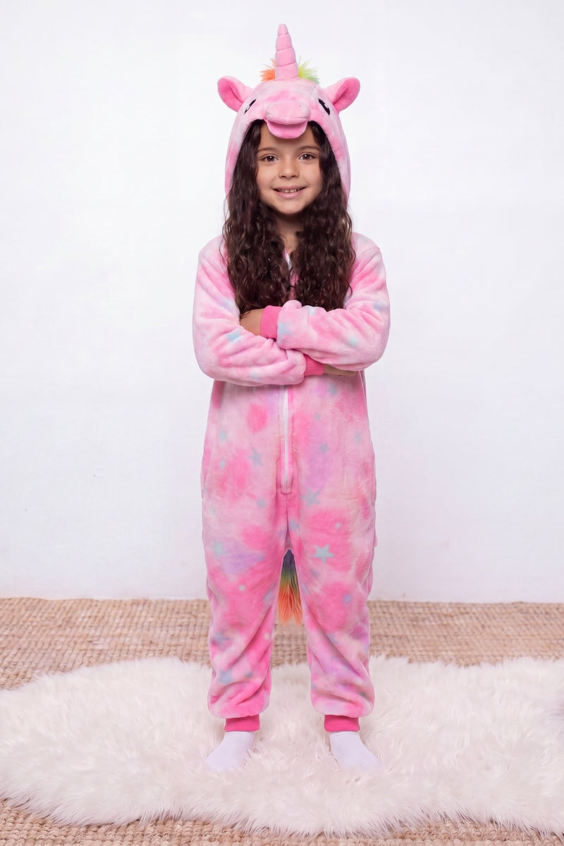 Einteiler Schlafanzug Kinder Einhorn Pastell, Kapuze und weiches Material, einteiliger Schlafanzug für Kinder, Vorderansicht