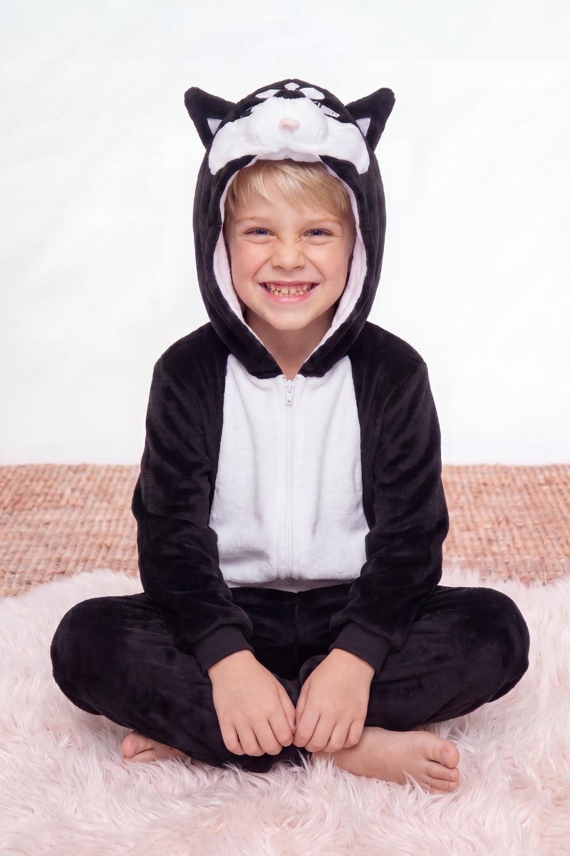 Einteiler Schlafanzug Kinder Jungen Husky, Kapuze und weiches Material, einteiliger Schlafanzug für Kinder, Vorderansicht