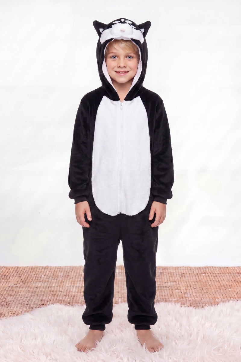Einteiler Schlafanzug Kinder Jungen Husky, Kapuze und weiches Material, einteiliger Schlafanzug für Kinder, Rückansicht