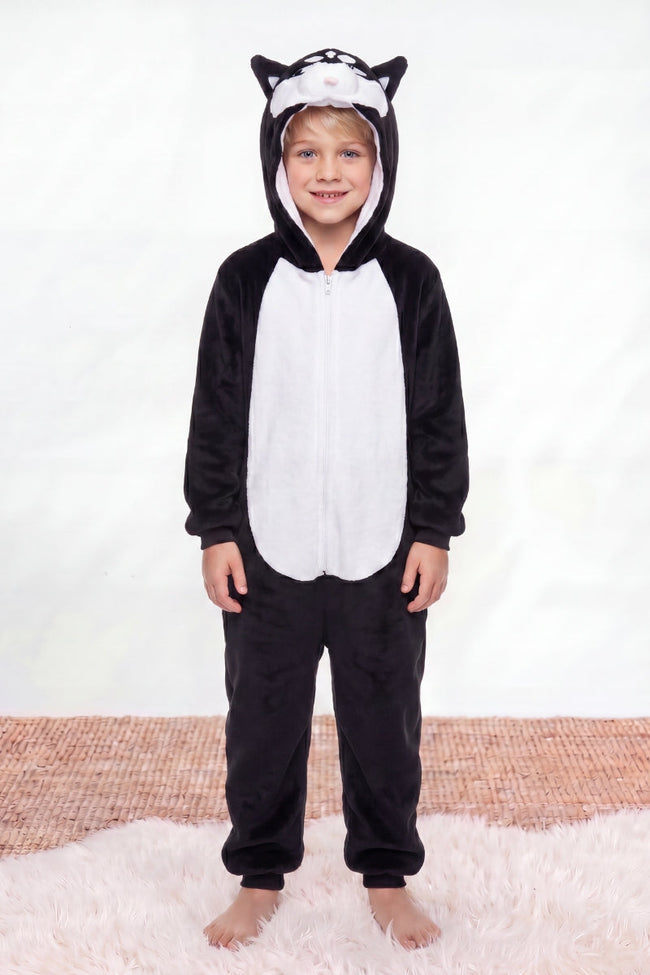 Einteiler Schlafanzug Kinder Jungen Husky, Kapuze und weiches Material, einteiliger Schlafanzug für Kinder, Rückansicht
