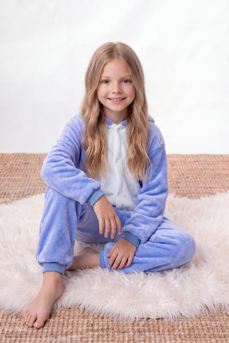 Einteiler Schlafanzug Kinder Kostüm Blau, Kapuze und weiches Material, einteiliger Schlafanzug für Kinder, Vorderansicht