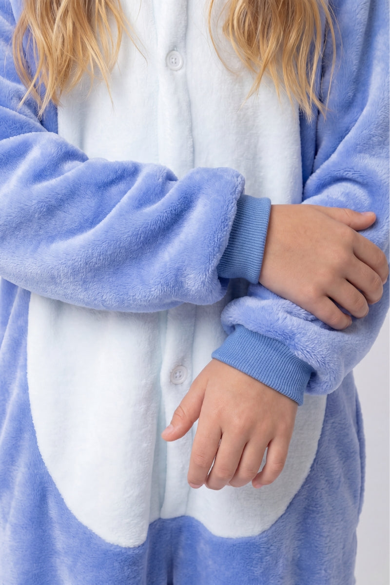 Einteiler Schlafanzug Kinder Kostüm Blau, Kapuze und weiches Material, einteiliger Schlafanzug für Kinder, Detailansicht der Verarbeitung