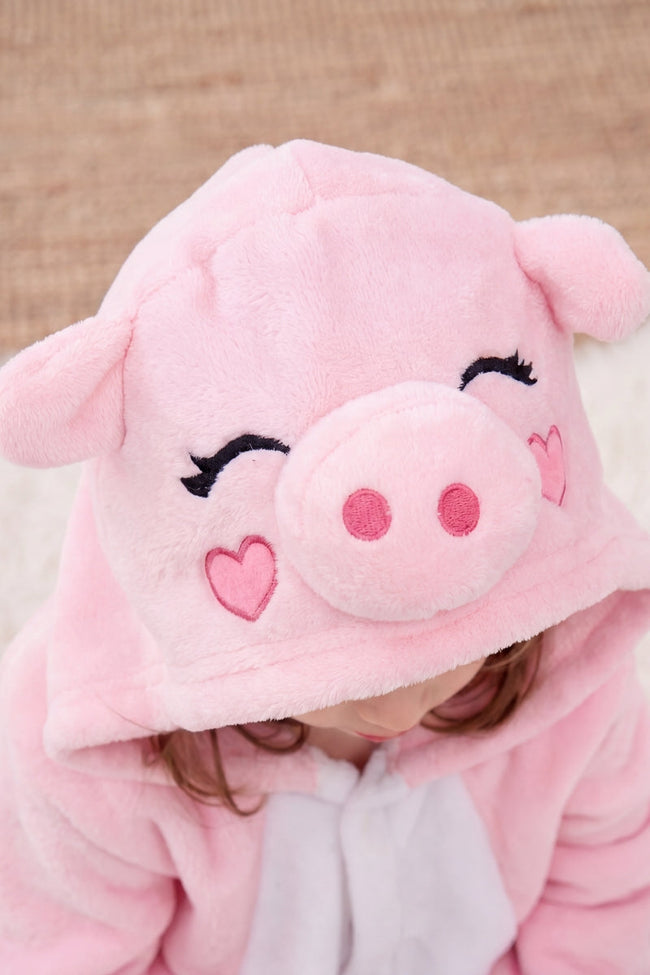 Einteiler Schlafanzug Kinder Schwein, Kapuze und weiches Material, einteiliger Schlafanzug für Kinder, Rückansicht