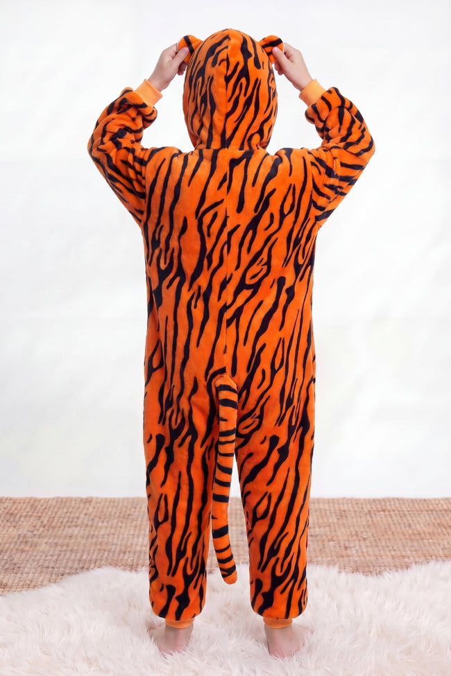 Einteiler Schlafanzug Kinder Tiger, Kapuze und weiches Material, einteiliger Schlafanzug für Kinder, Rückansicht