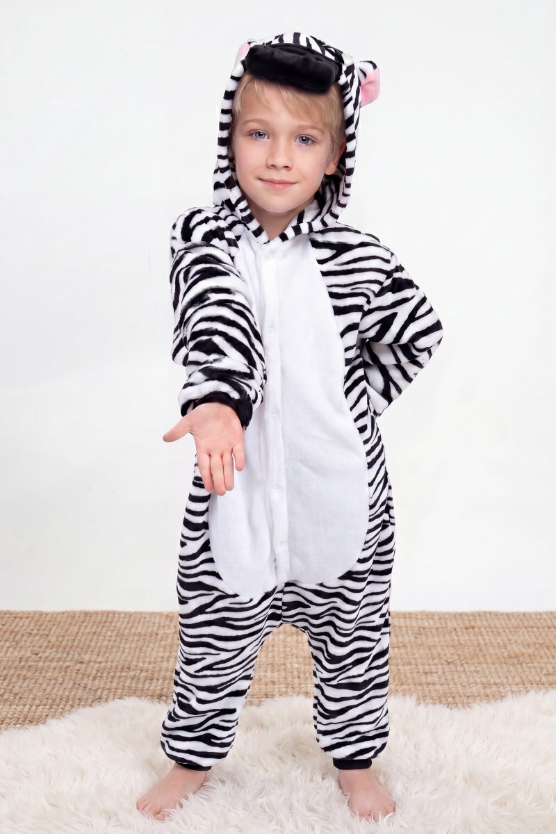 Einteiler Schlafanzug Kinder Zebra, Kapuze und weiches Material, einteiliger Schlafanzug für Kinder, Vorderansicht