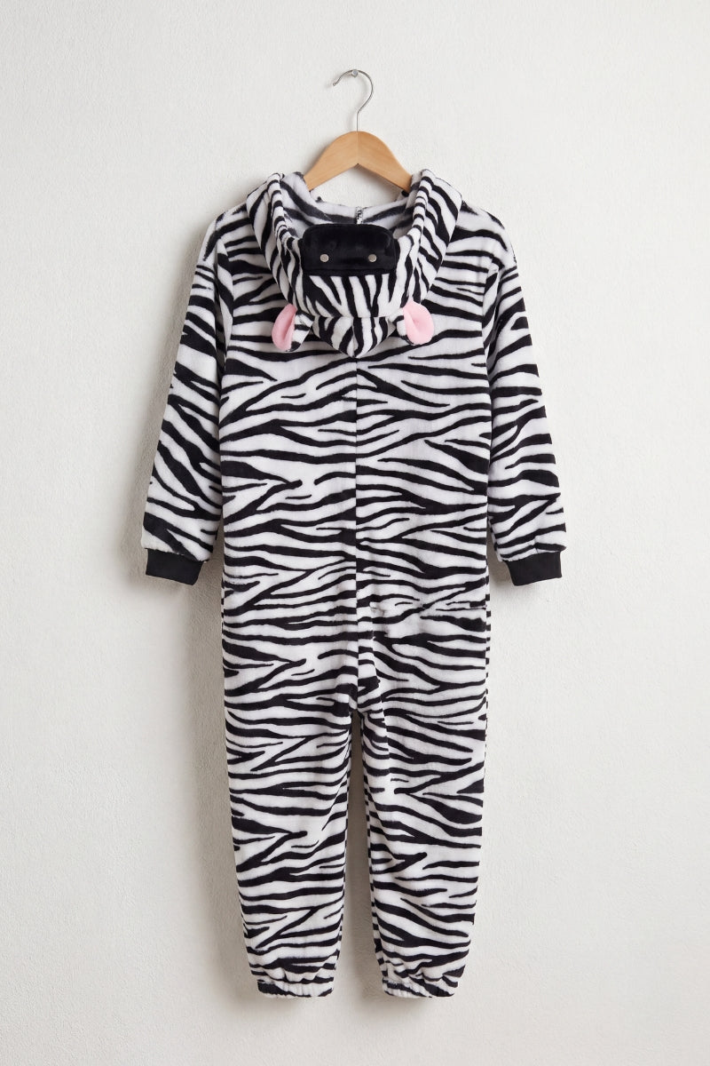 Einteiler Schlafanzug Kinder Zebra, Kapuze und weiches Material, einteiliger Schlafanzug für Kinder, Detailansicht der Verarbeitung
