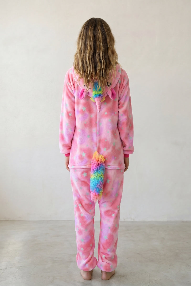 Einteiler Schlafanzug Tier Einhorn Batik, Kapuze und durchgehender Reißverschluss, einteiliger Schlafanzug für Damen und Herren, Rückansicht