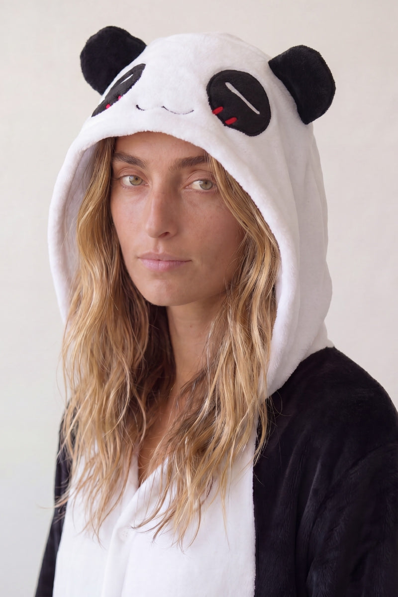Einteiler Schlafanzug Tier Panda für Erwachsene, Kapuze und durchgehender Reißverschluss, einteiliger Schlafanzug für Damen und Herren, Rückansicht