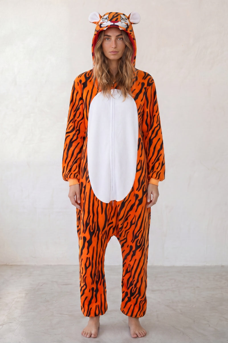 Einteiler Schlafanzug Tier Tiger Erwachsene, Kapuze und durchgehender Reißverschluss, einteiliger Schlafanzug für Damen und Herren, Vorderansicht