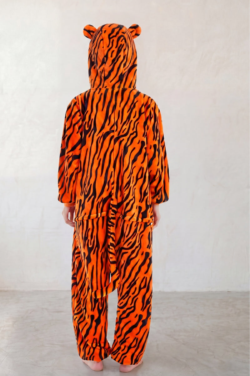 Einteiler Schlafanzug Tier Tiger Erwachsene, Kapuze und durchgehender Reißverschluss, einteiliger Schlafanzug für Damen und Herren, Rückansicht