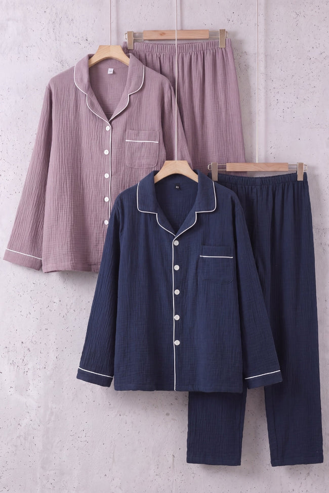 Partner-Schlafanzug Set Violett, abgestimmter Schlafanzug für Damen und Herren in Violett und Marineblau, weich und warm für gemütliche Nächte zu zweit