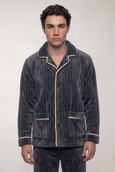 Fleece-Schlafanzug Anthrazit Gerippt Herren