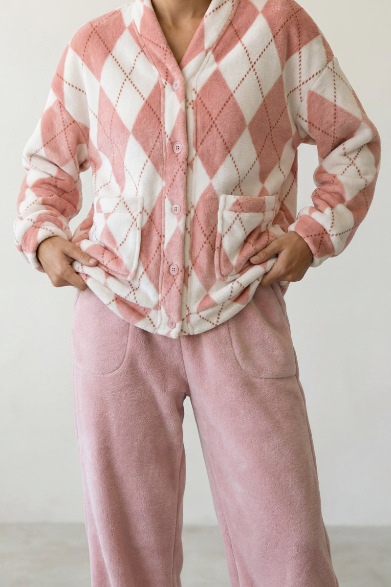 Fleece-Schlafanzug Argyle Rosé, flauschiges Fleece, Fleece-Pyjama für Damen zum Einkuscheln, Rückansicht