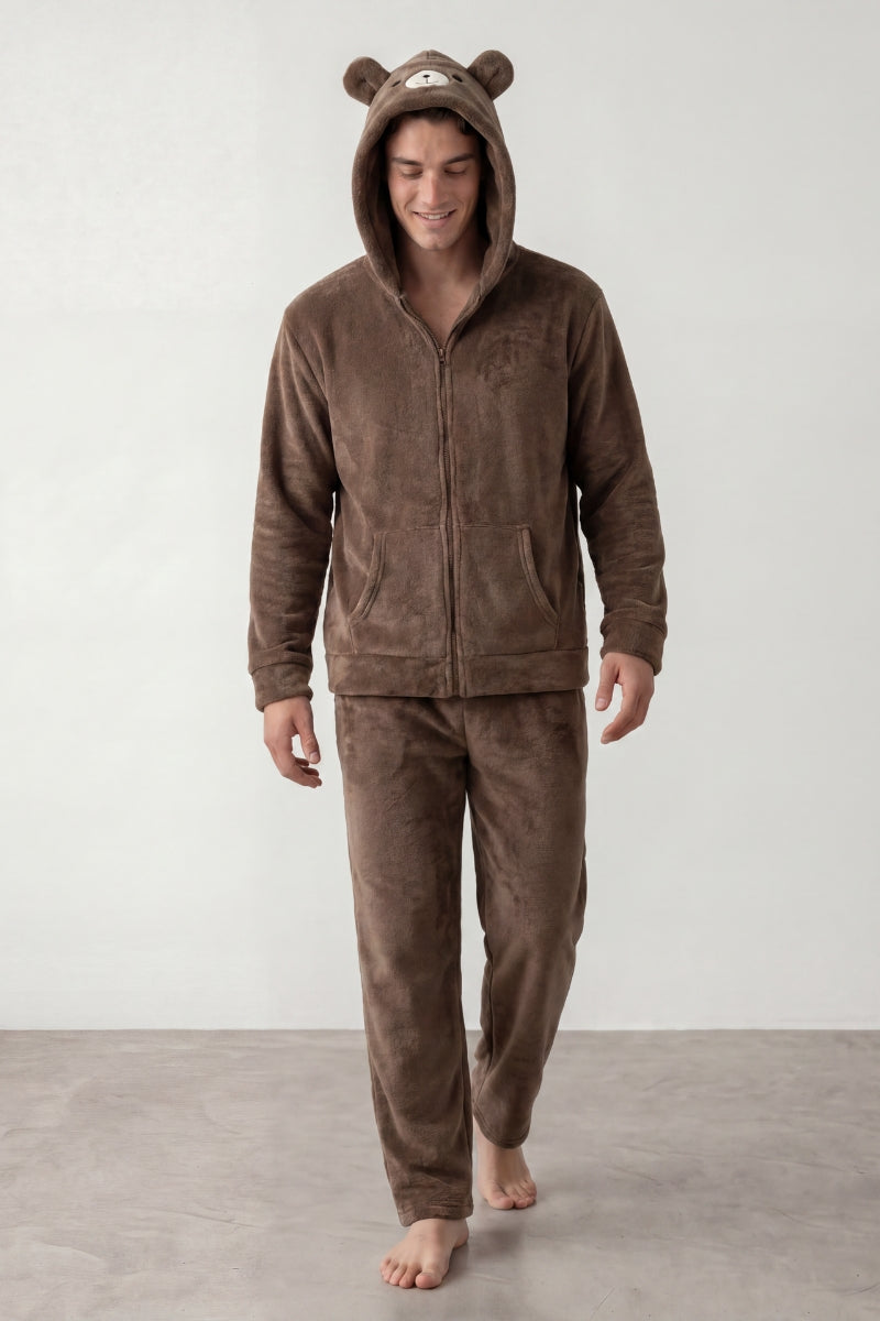 Fleece-Schlafanzug Bärenohren Herren, flauschiges Fleece, Fleece-Pyjama für Herren zum Einkuscheln, Vorderansicht
