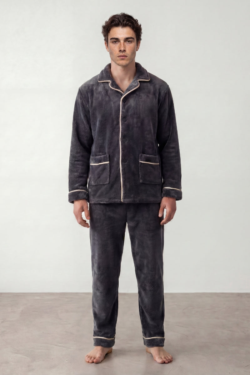Fleece-Schlafanzug Dunkelgrau Herren, flauschiges Fleece, Fleece-Pyjama für Herren zum Einkuscheln, Vorderansicht