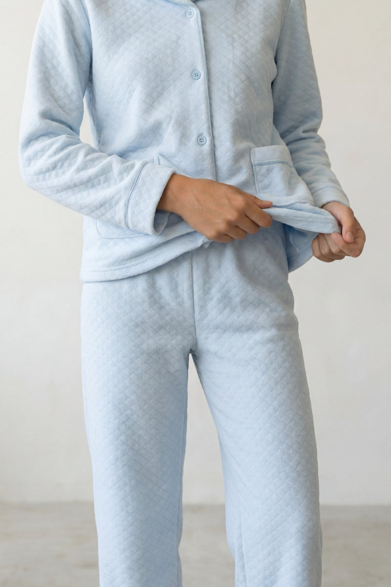 Fleece-Schlafanzug Gesteppt Hellblau, flauschiges Fleece, Fleece-Pyjama für Damen zum Einkuscheln, Rückansicht