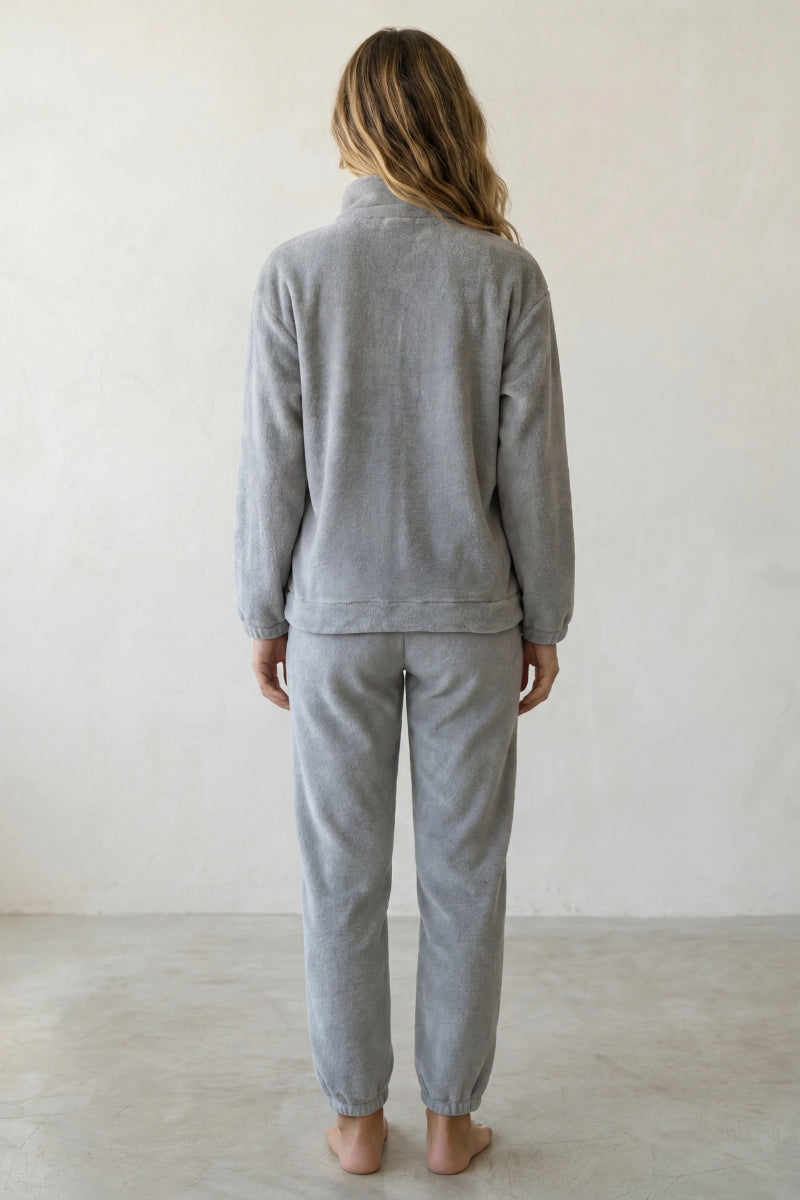 Fleece-Schlafanzug Graublau, flauschiges Fleece, Fleece-Pyjama für Damen zum Einkuscheln, Rückansicht
