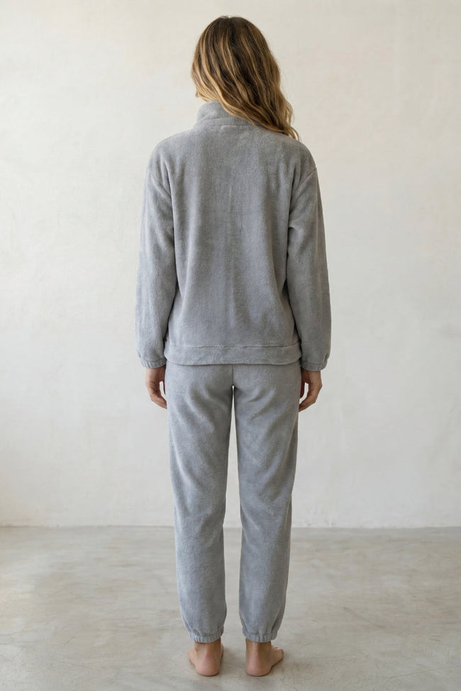 Fleece-Schlafanzug Graublau, flauschiges Fleece, Fleece-Pyjama für Damen zum Einkuscheln, Rückansicht