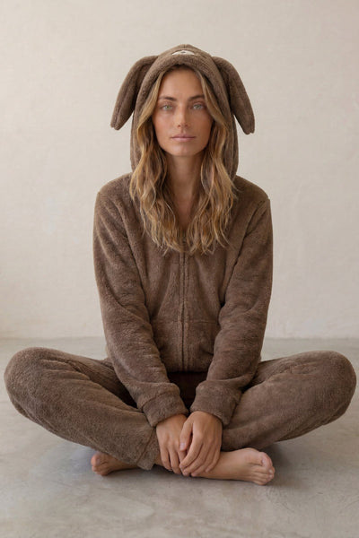 Fleece-Schlafanzug Hasenohren Braun
