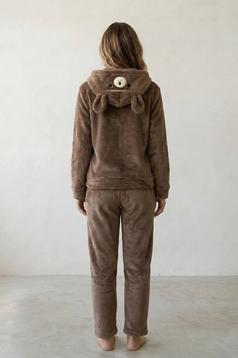 Fleece-Schlafanzug Hasenohren Braun, flauschiges Fleece, Fleece-Pyjama für Damen zum Einkuscheln, Rückansicht