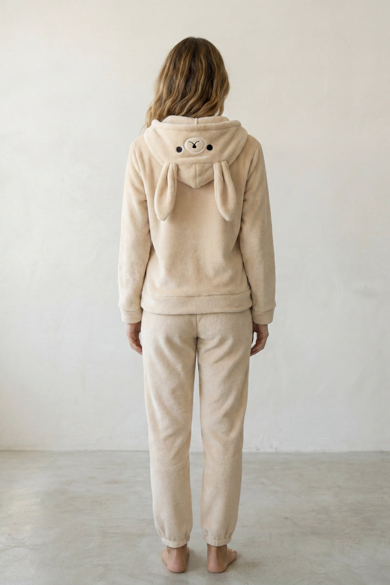 Fleece-Schlafanzug Hasenohren Creme, flauschiges Fleece, Fleece-Pyjama für Damen zum Einkuscheln, Rückansicht