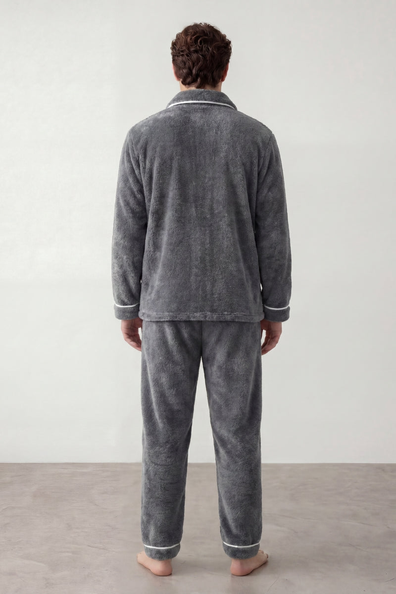 Fleece-Schlafanzug Hellgrau Herren, flauschiges Fleece, Fleece-Pyjama für Herren zum Einkuscheln, Rückansicht