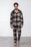 Fleece-Schlafanzug Karo Khaki Herren, flauschiges Fleece, Fleece-Pyjama für Herren zum Einkuscheln, Vorderansicht