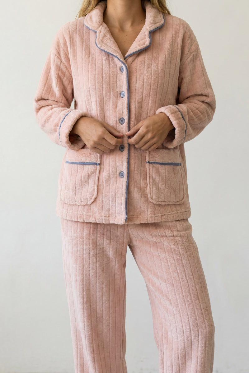 Fleece-Schlafanzug Lachs Gerippt, flauschiges Fleece, Fleece-Pyjama für Damen zum Einkuscheln, Rückansicht