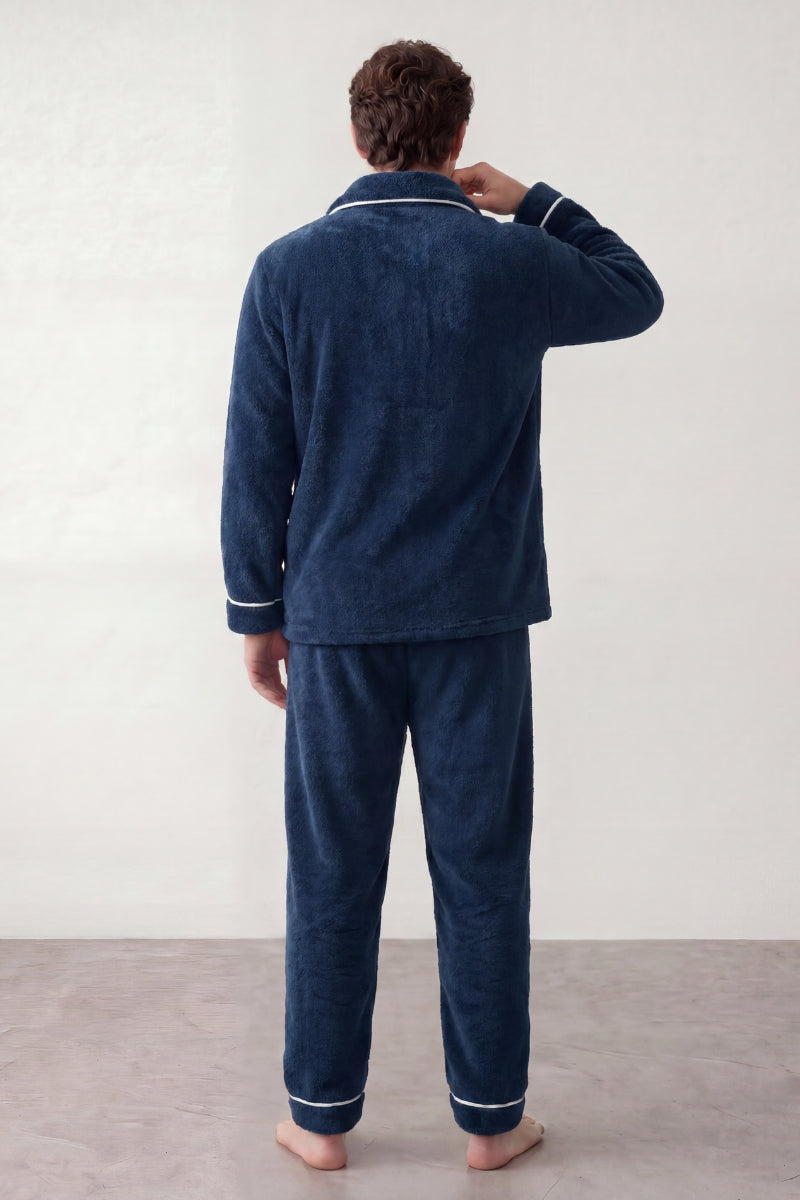 Fleece-Schlafanzug Marineblau Herren, flauschiges Fleece, Fleece-Pyjama für Herren zum Einkuscheln, Rückansicht