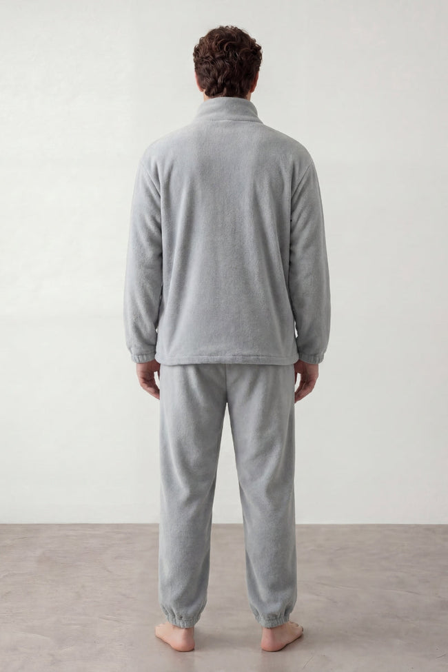 Fleece-Schlafanzug Mausgrau Herren, flauschiges Fleece, Fleece-Pyjama für Herren zum Einkuscheln, Rückansicht