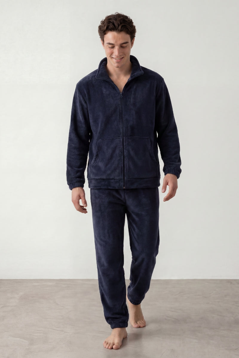 Fleece-Schlafanzug Nachtblau Herren, flauschiges Fleece, Fleece-Pyjama für Herren zum Einkuscheln, Vorderansicht