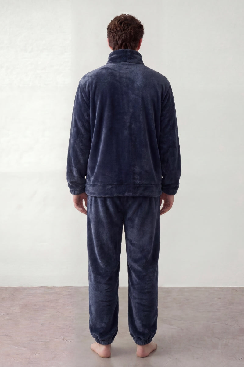 Fleece-Schlafanzug Nachtblau Herren, flauschiges Fleece, Fleece-Pyjama für Herren zum Einkuscheln, Rückansicht