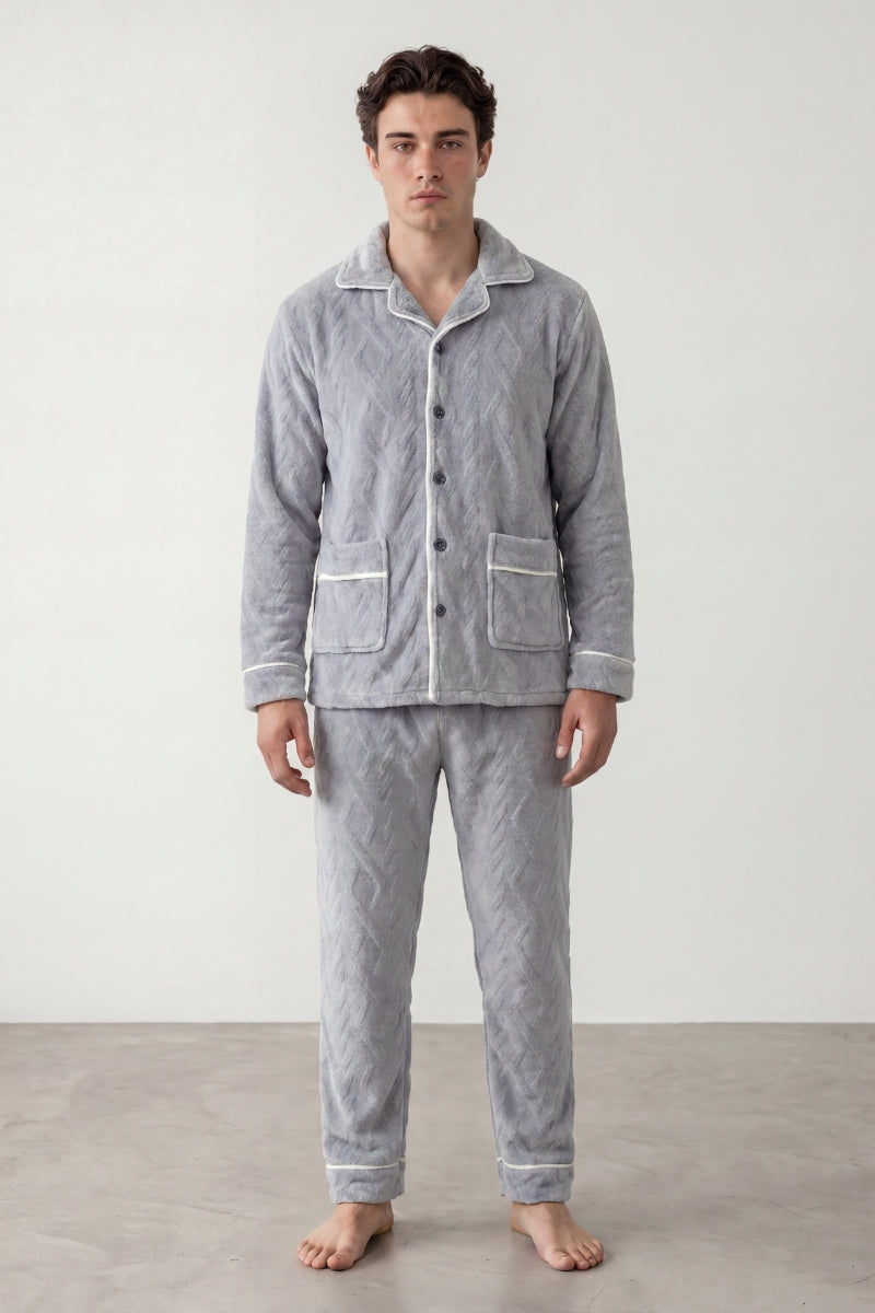 Fleece-Schlafanzug Perlgrau Herren, flauschiges Fleece, Fleece-Pyjama für Herren zum Einkuscheln, Vorderansicht