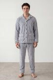 Fleece-Schlafanzug Perlgrau Herren, flauschiges Fleece, Fleece-Pyjama für Herren zum Einkuscheln, Vorderansicht