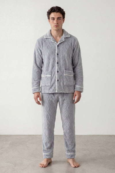 Fleece-Schlafanzug Perlgrau Herren