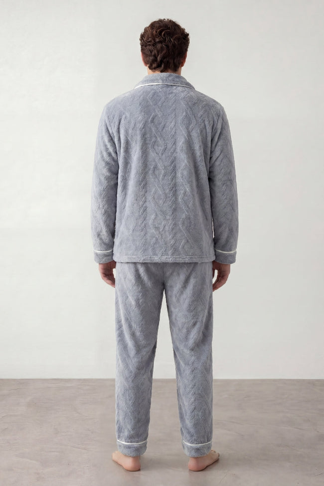 Fleece-Schlafanzug Perlgrau Herren, flauschiges Fleece, Fleece-Pyjama für Herren zum Einkuscheln, Rückansicht