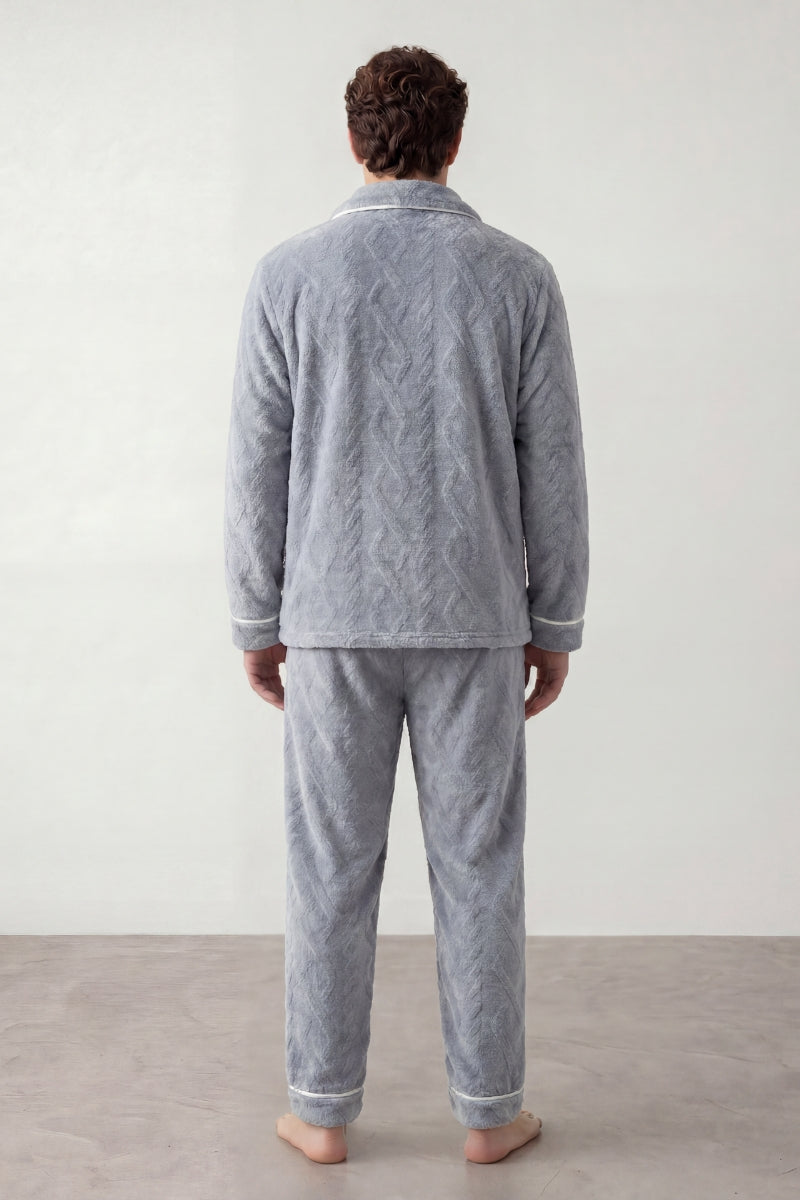 Fleece-Schlafanzug Perlgrau Herren, flauschiges Fleece, Fleece-Pyjama für Herren zum Einkuscheln, Rückansicht