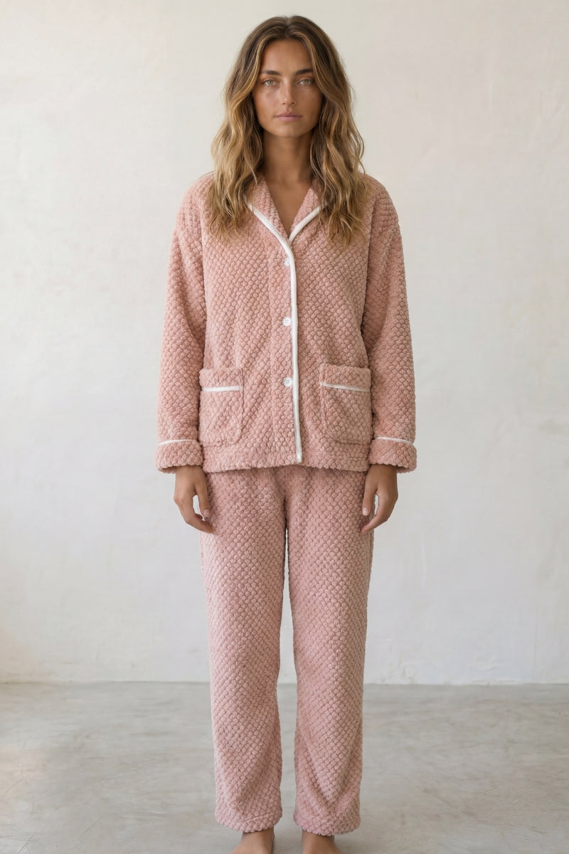 Fleece-Schlafanzug Puderrosa, flauschiges Fleece, Fleece-Pyjama für Damen zum Einkuscheln, Vorderansicht