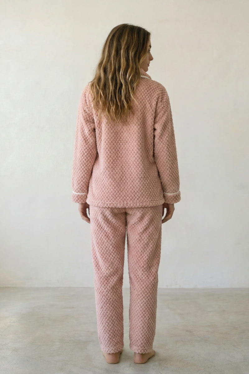 Fleece-Schlafanzug Puderrosa, flauschiges Fleece, Fleece-Pyjama für Damen zum Einkuscheln, Rückansicht
