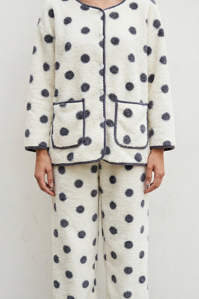 Fleece-Schlafanzug Punkte Weiß, flauschiges Fleece, Fleece-Pyjama für Damen zum Einkuscheln, Rückansicht