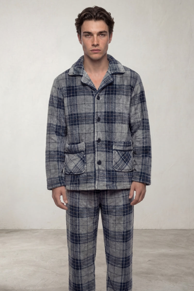 Fleece-Schlafanzug Schottenkaro Herren, flauschiges Fleece, Fleece-Pyjama für Herren zum Einkuscheln, Vorderansicht
