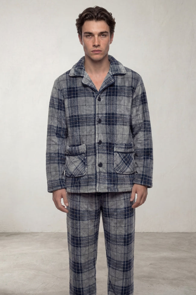Fleece-Schlafanzug Schottenkaro Herren, flauschiges Fleece, Fleece-Pyjama für Herren zum Einkuscheln, Vorderansicht