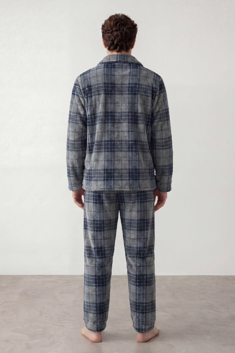 Fleece-Schlafanzug Schottenkaro Herren, flauschiges Fleece, Fleece-Pyjama für Herren zum Einkuscheln, Rückansicht